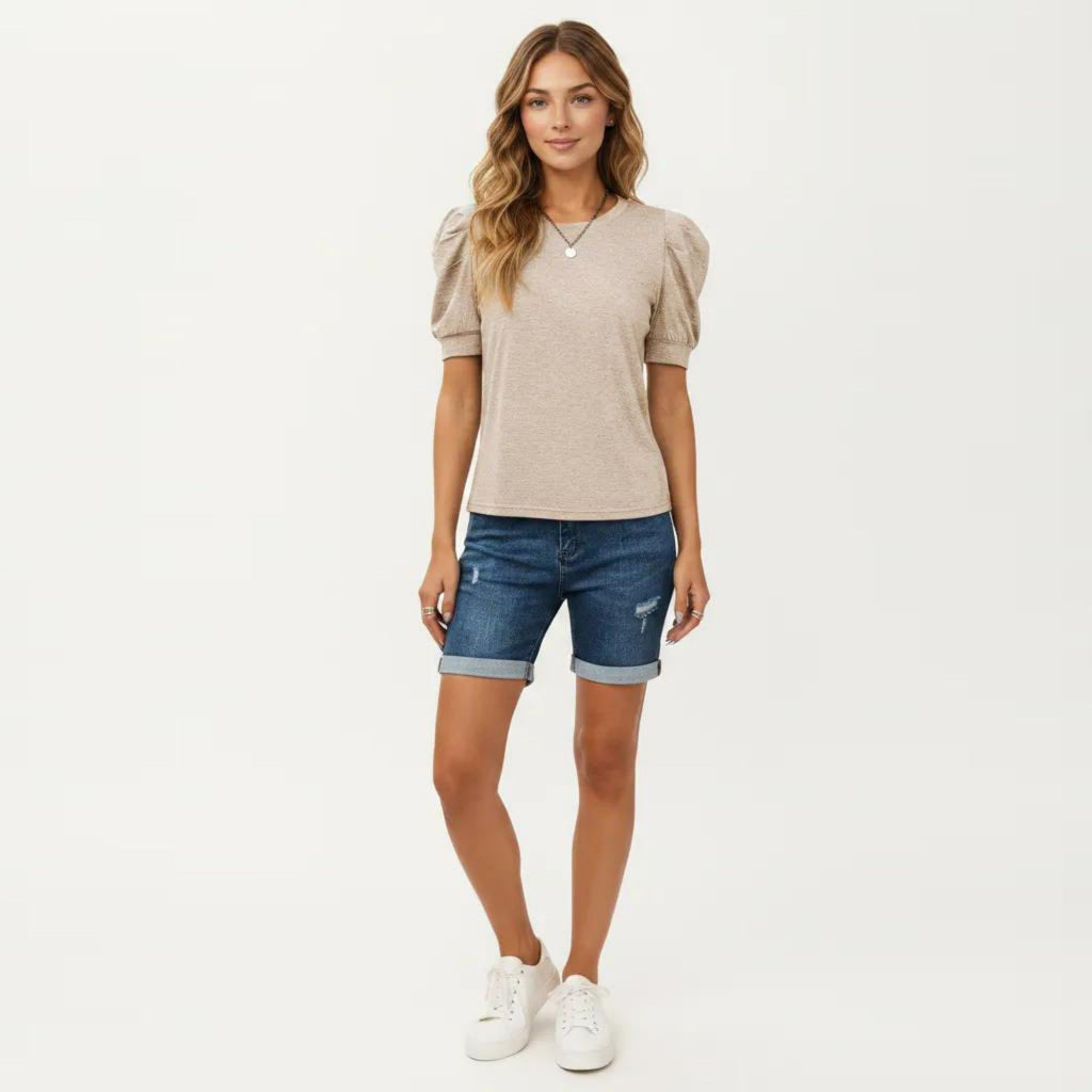 Anna-Kaci Women's Short Sleeve Puff Sleeve Knit Top with Crew Neck and Soft Textured Fabric