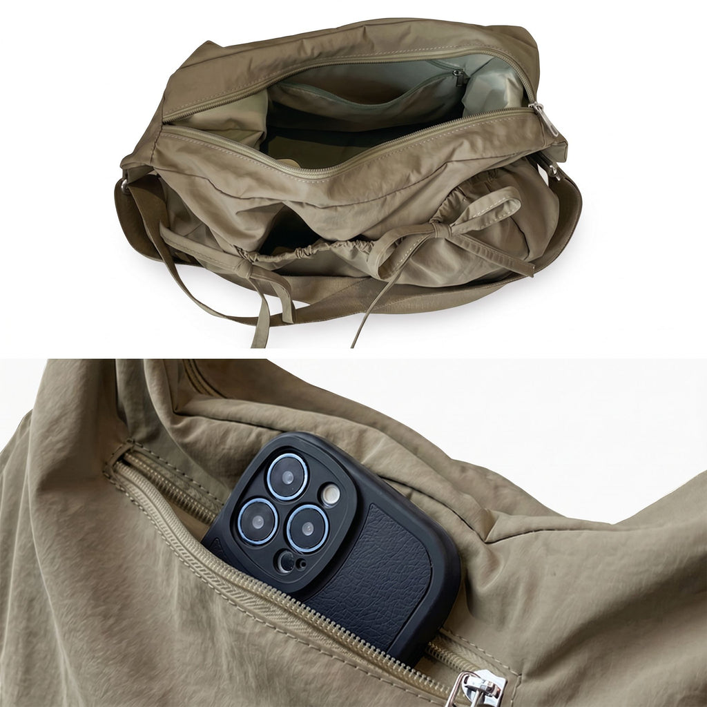 Lightweight Bow Detail Hobo Shoulder Bag with Adjustable Strap and Multiple Pockets