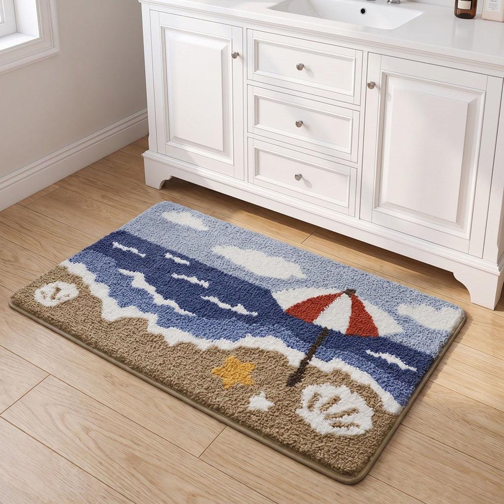 Coastal Beach Scene Plush Bathroom Mat with Umbrella and Ocean Wave Design