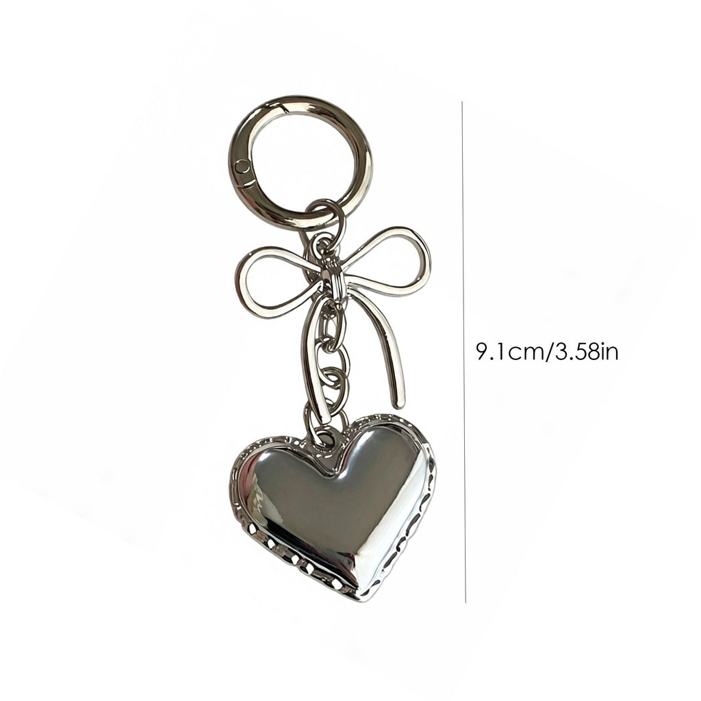 2 Pack Metal Heart Keychain with Bow Accent Clip and Polished Bag Charm Pendant