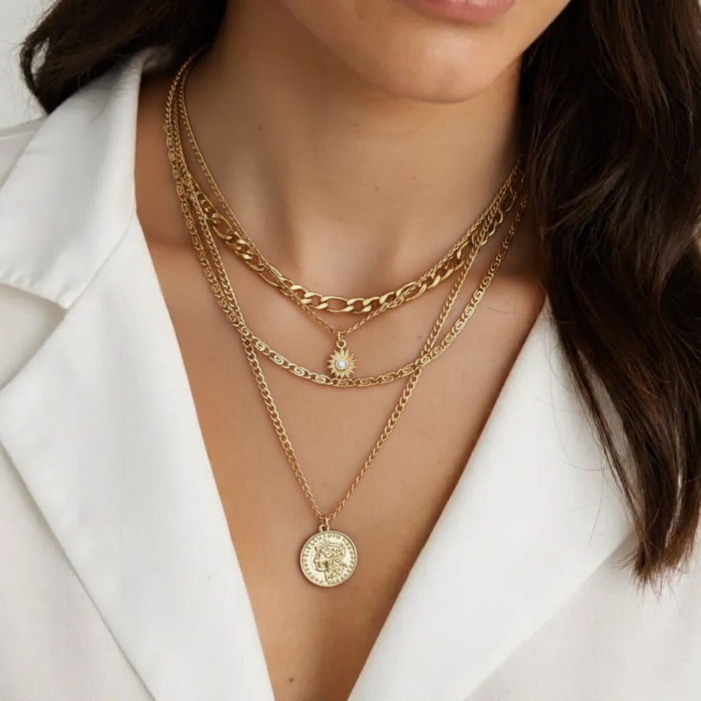 Women's Multi-Layer Chain Necklace with Coin and Crystal Pendants 14.5+2in
