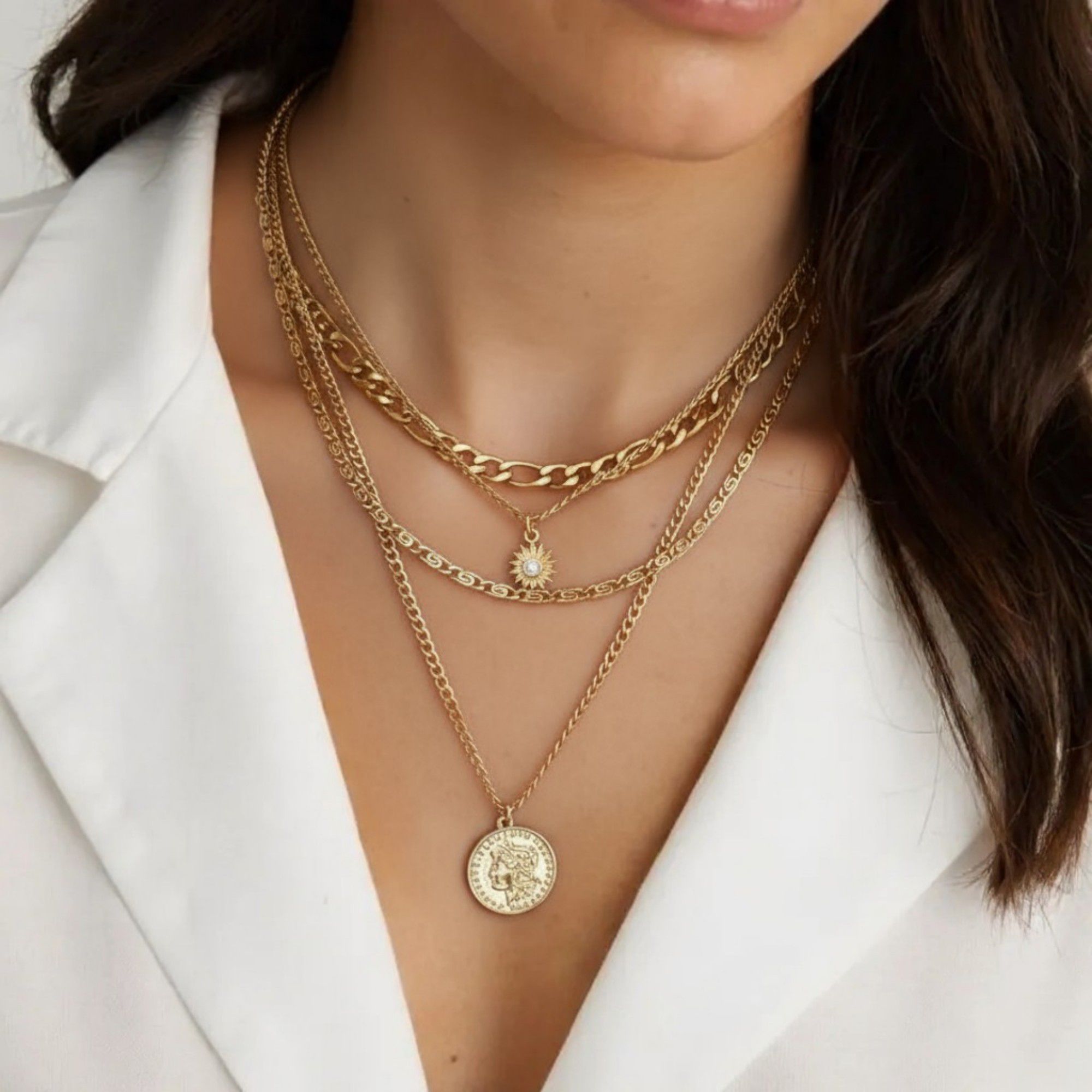 Women's Multi-Layer Chain Necklace with Coin and Crystal Pendants 14.5+2in