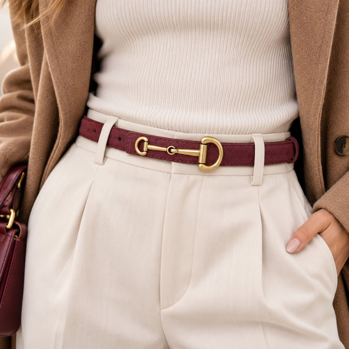 Suede Leather Skinny Belt with Equestrian Gold Tone Buckle 39.4in