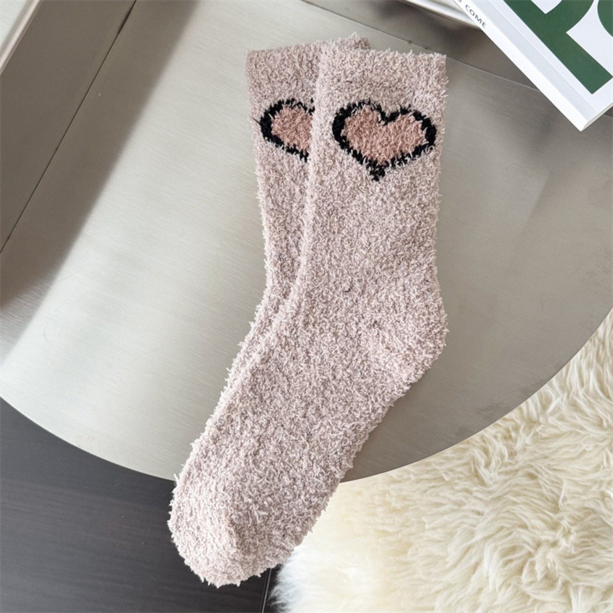 Anna-Kaci 3-Pair Fuzzy Valentine Heart Knit Crew Socks Set with Soft Plush Texture, Stretchy Cozy Fabric, and Cute Heart Accent for Gifting