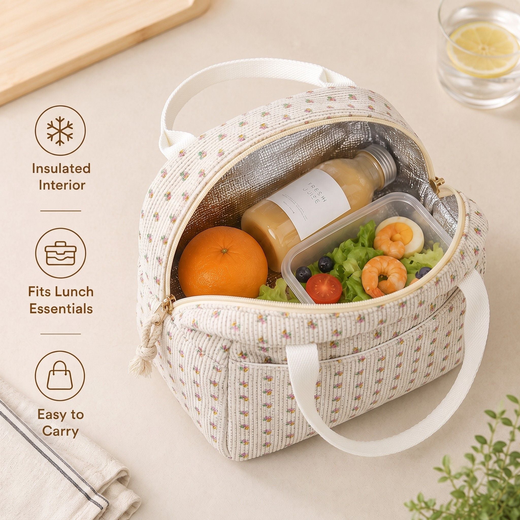 Printed Insulated Lunch Tote Bag with Double Handles and Zip Closure