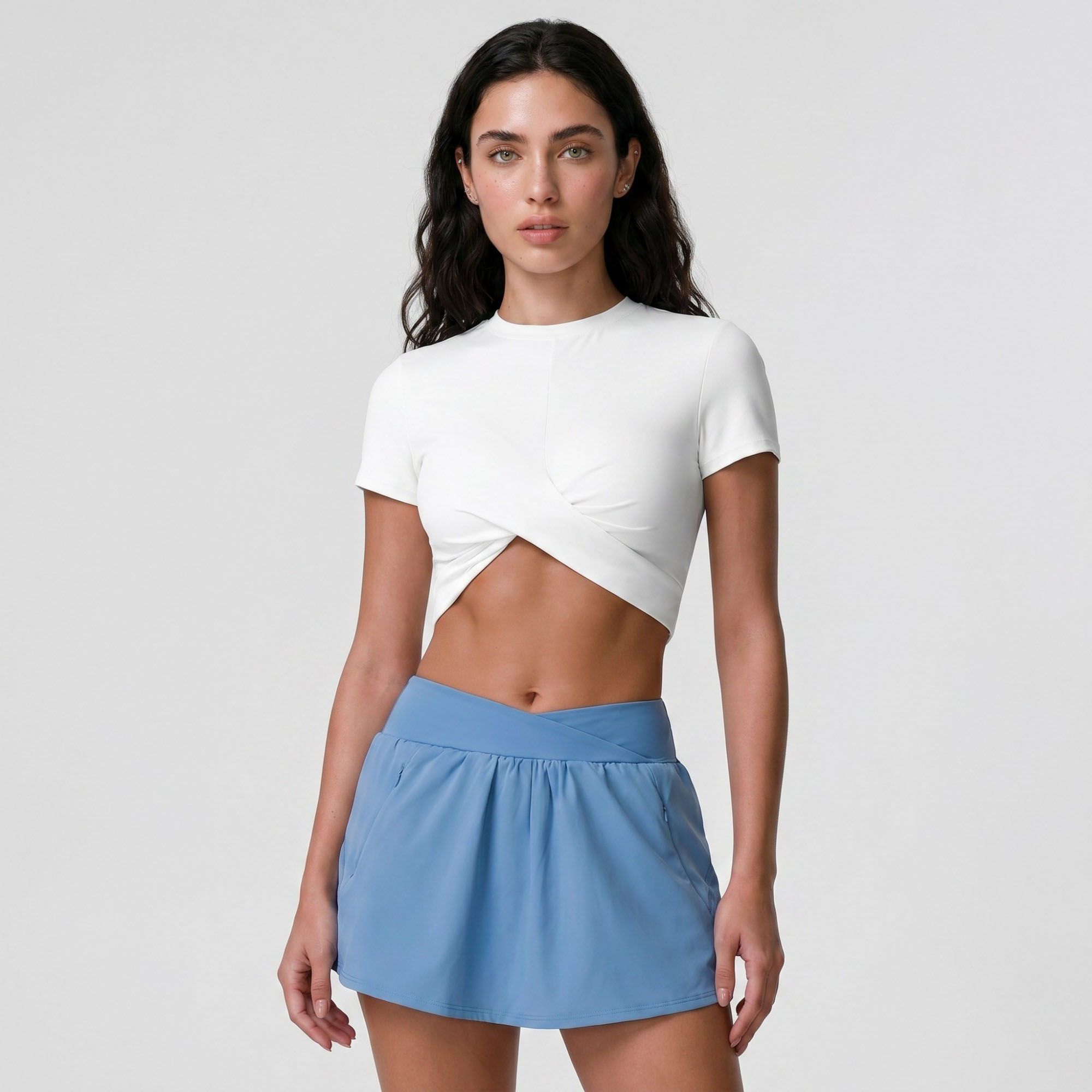 Short Sleeve Twist Front Crop Workout Top Crew Neck Yoga Activewear T Shirt