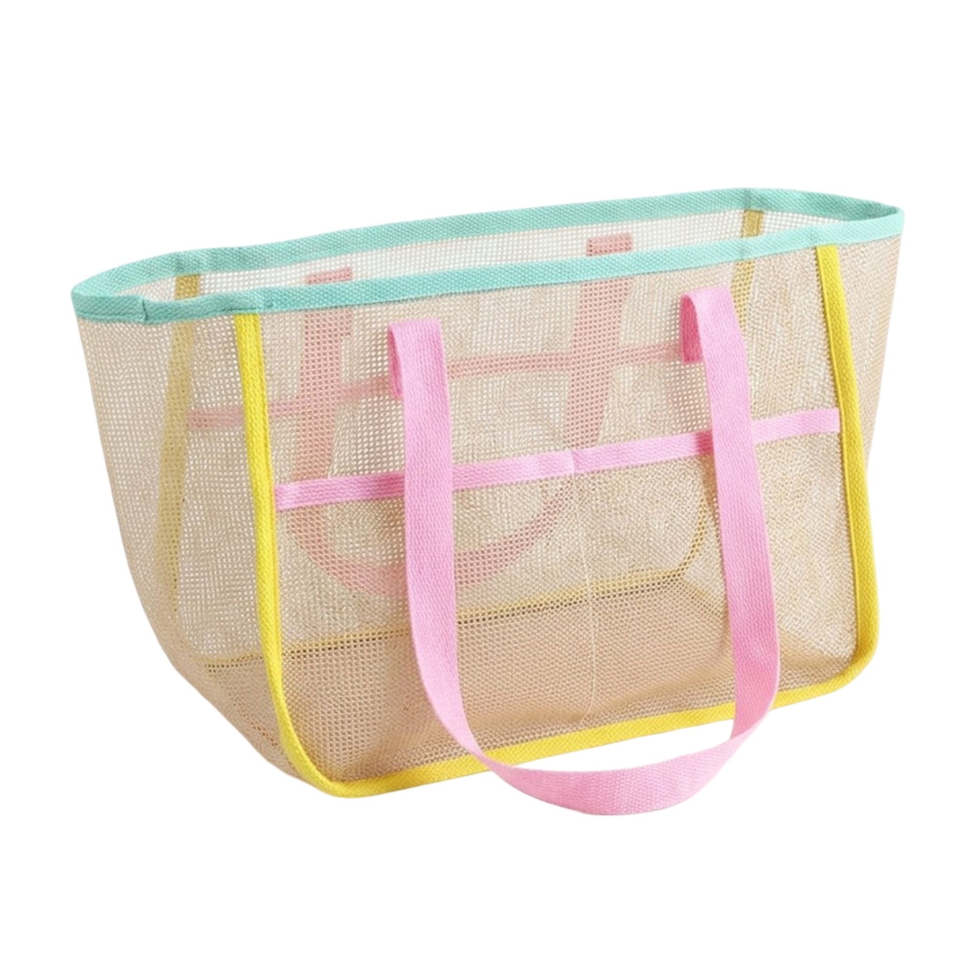 Mesh Tote Bag with Colorblock Trim and Shoulder Handles