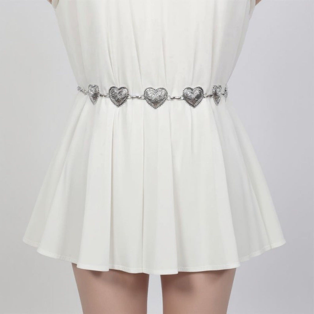 Anna-Kaci Women's Heart Link Chain Belt with Textured Metal Design and Adjustable Fit 45.5in Valentine