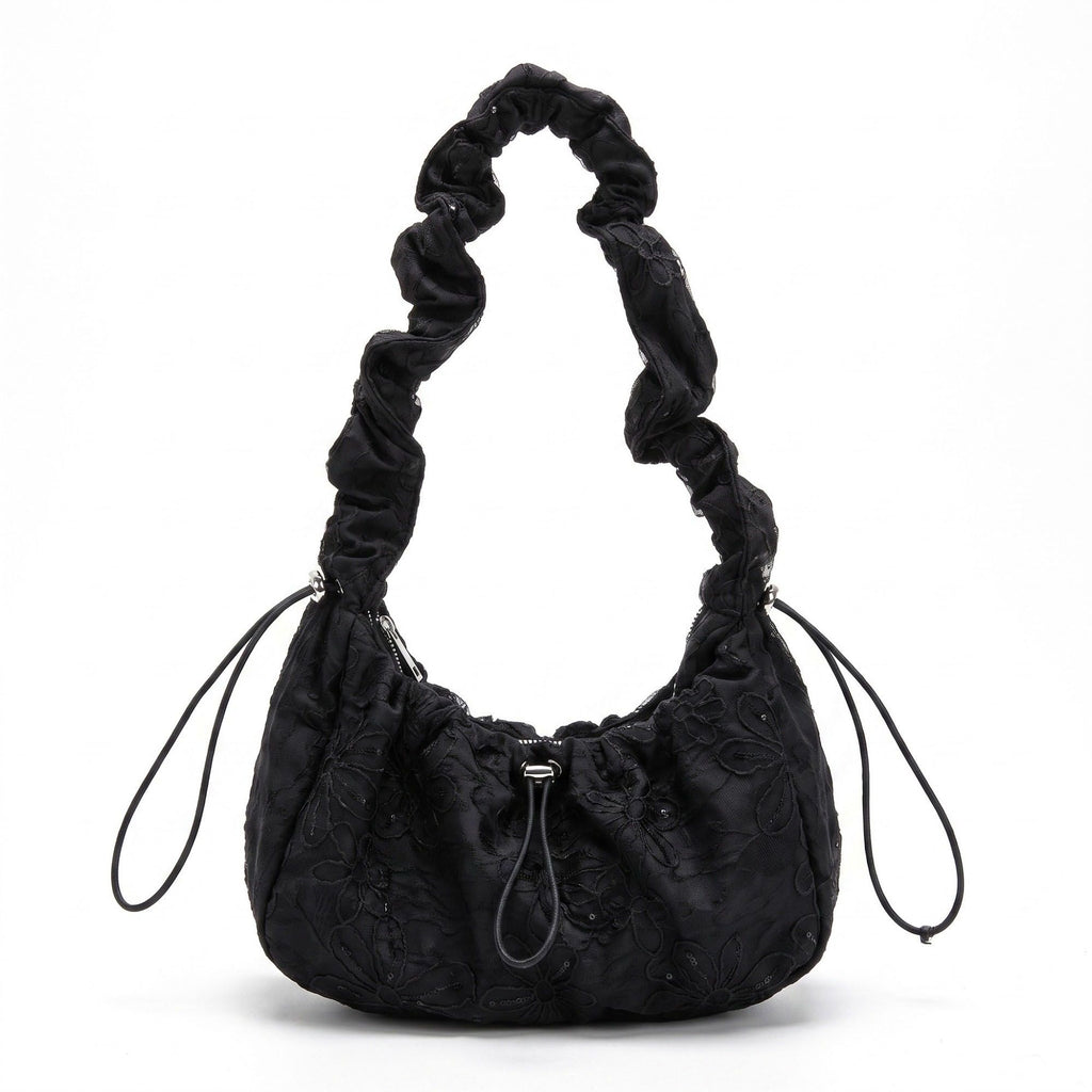 Floral Embroidered Ruched Shoulder Bag with Drawstring Closure 11x8.3x3in