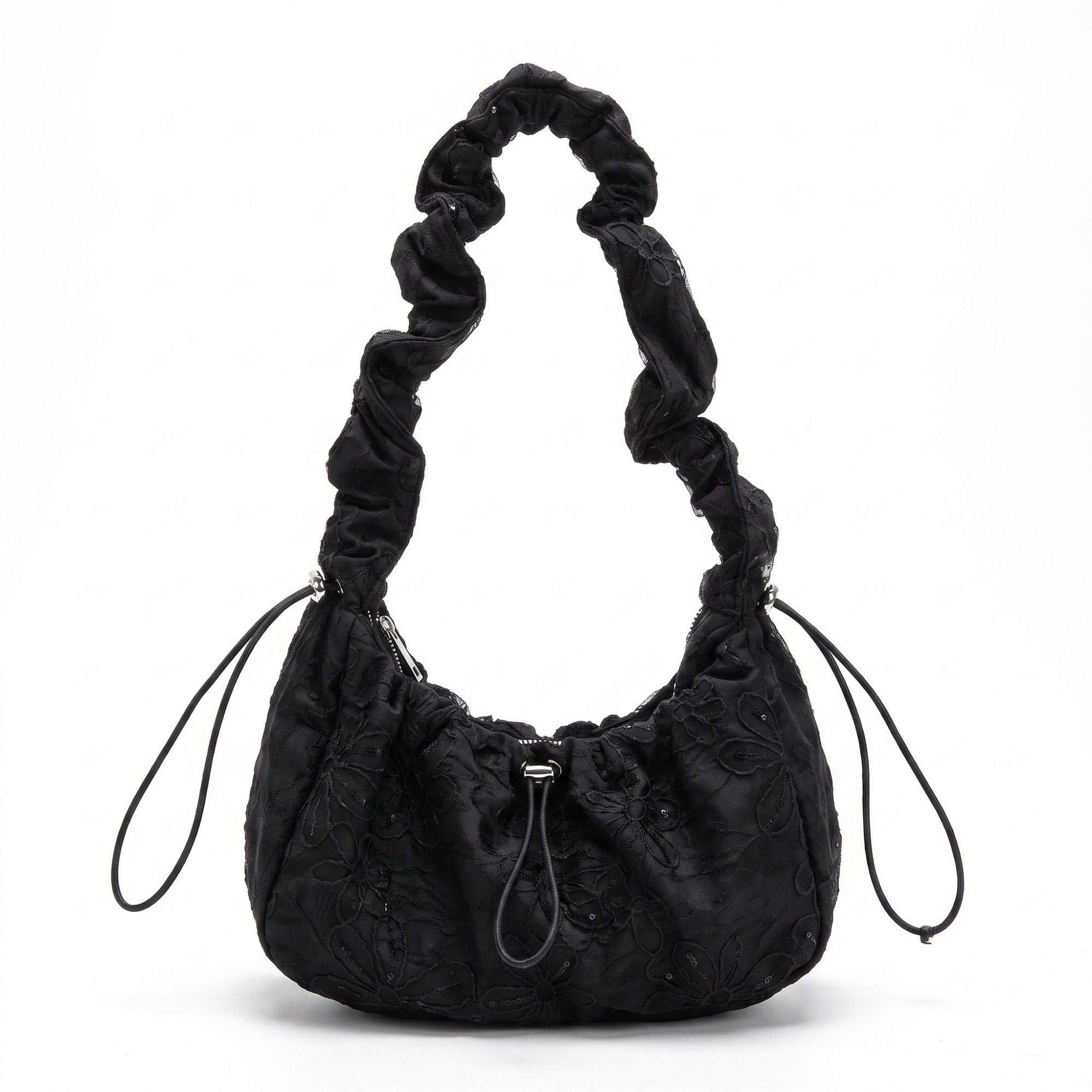 Floral Embroidered Ruched Shoulder Bag with Drawstring Closure 11x8.3x3in