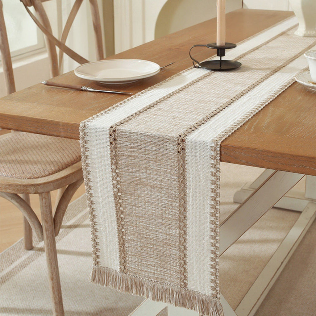Textured Woven Table Runner with Fringe Trim and Neutral Stripe Pattern 47x11.8 in