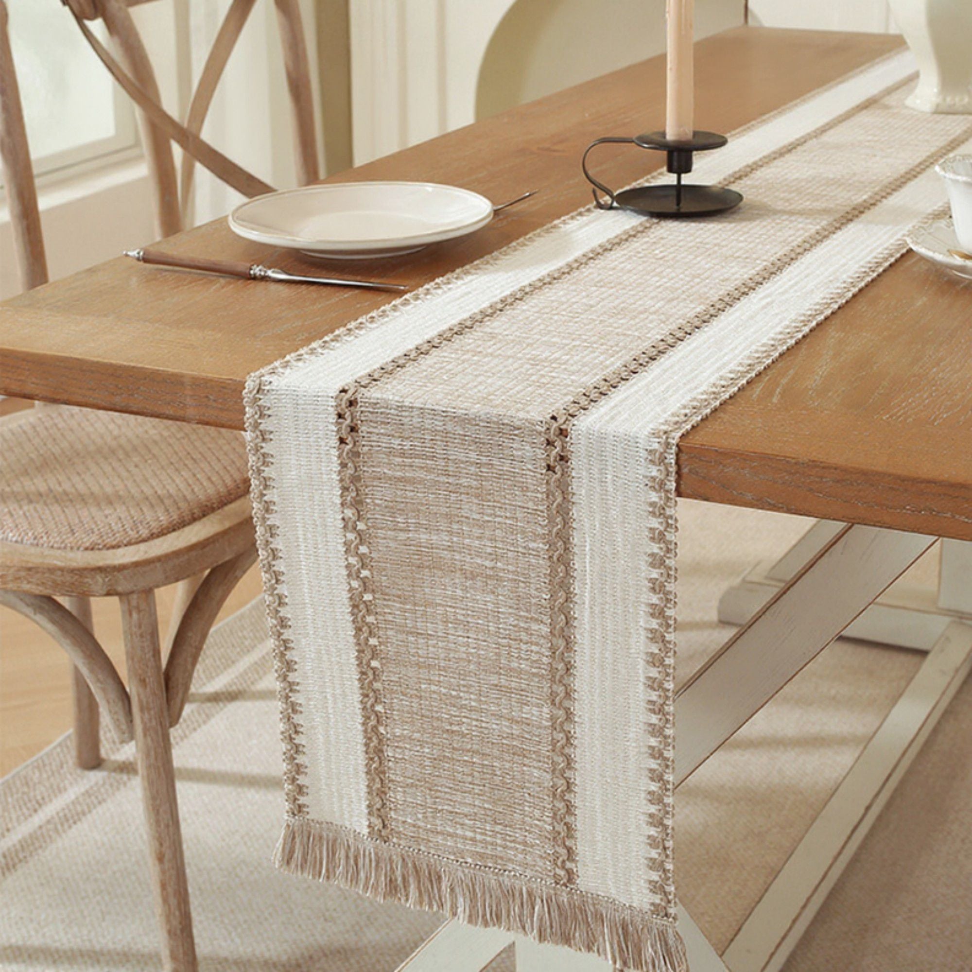 Textured Woven Table Runner with Fringe Trim and Neutral Stripe Pattern 47x11.8 in