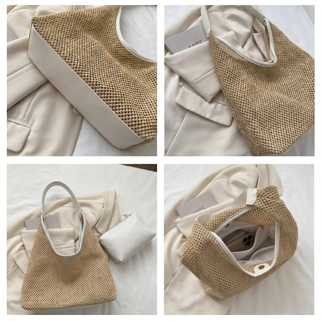 Woven Straw Hobo Shoulder Bag with Smooth Strap Lightweight Crochet Knit Slouchy Tote Bag