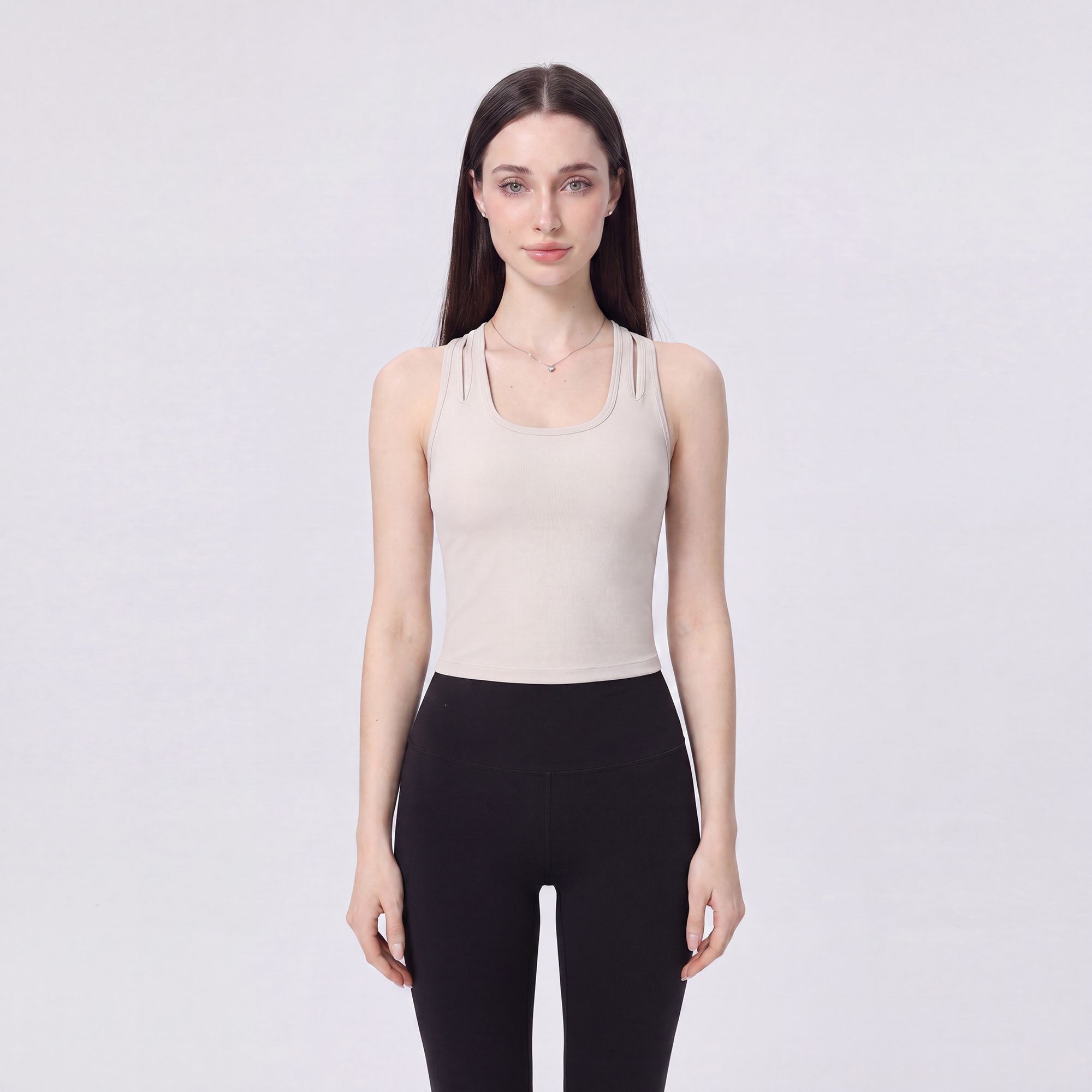 Sleeveless Yoga Tank Top with Built In Padding Scoop Neck Cutout Strap Detail and Fitted Activewear Silhouette