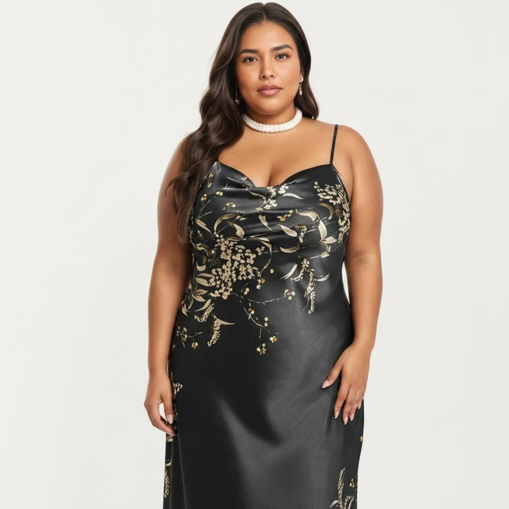 Anna-Kaci Lounge Women's Plus Size Satin Floral Slip Nightgown with Adjustable Spaghetti Straps Cowl Neck Midi Length Sleepwear Dress