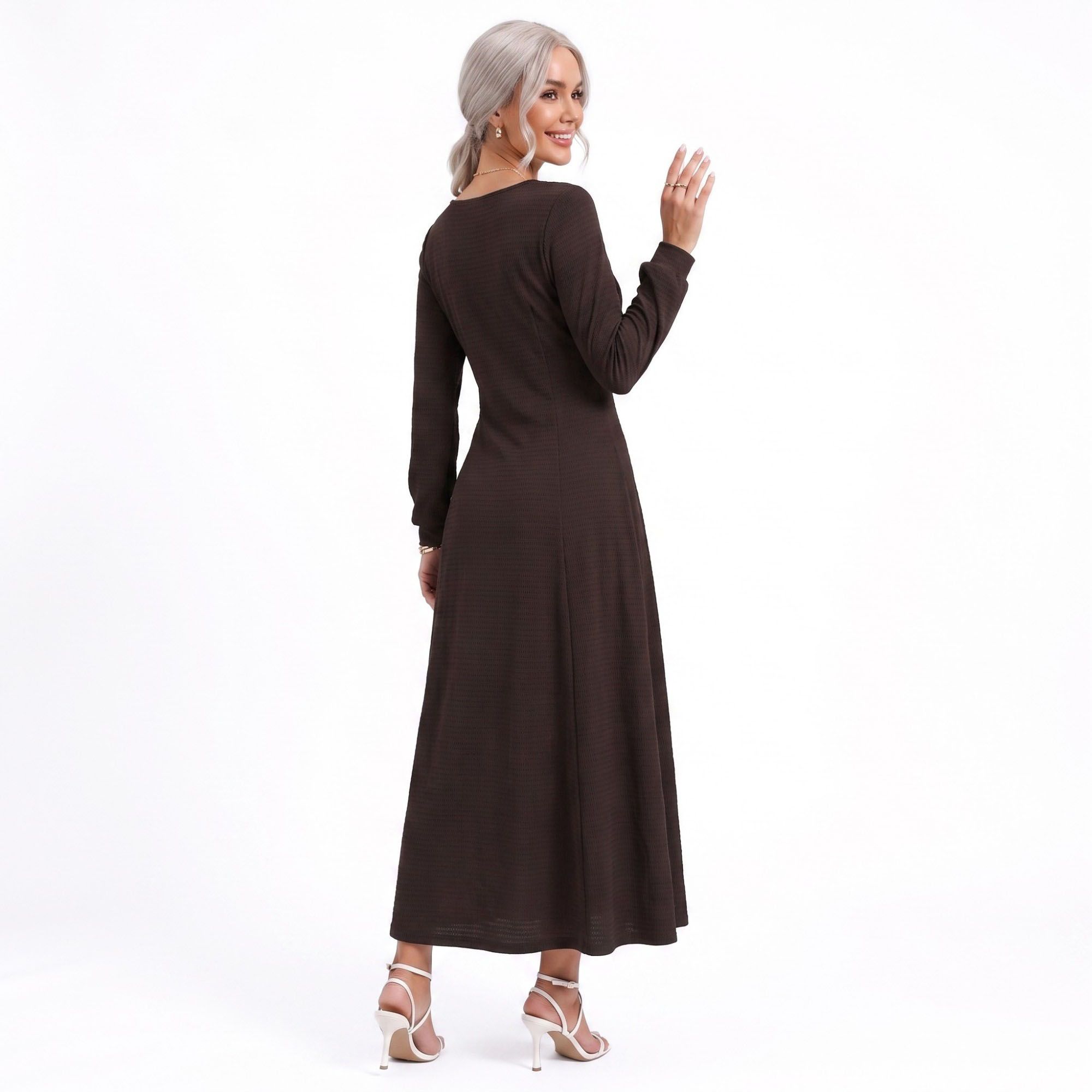 Tie Front Maxi Dress Square Neck Long Sleeve Fit and Flare Textured Dress