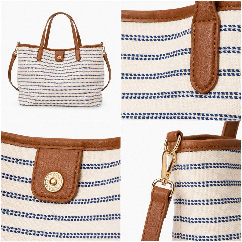 Striped Canvas Tote Bag with Faux Leather Trim and Large Capacity