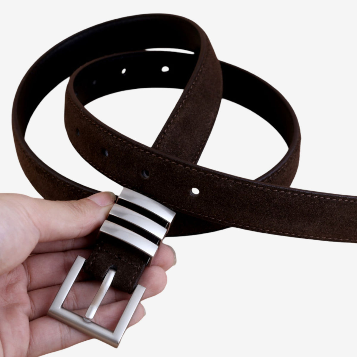 Suede Leather Belt with Silver Tone Bar Accents and Square Buckle 39.4in