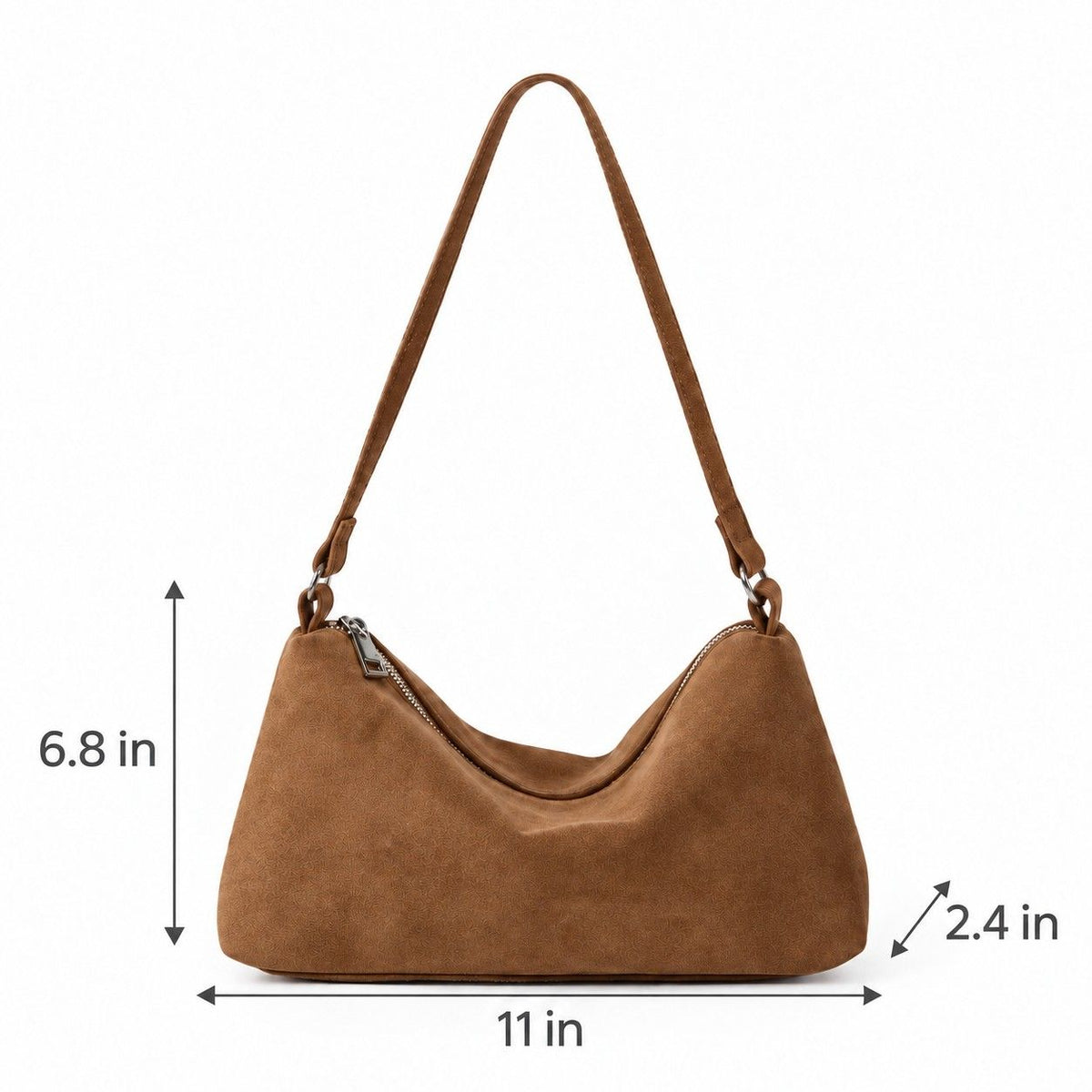 Faux Suede Hobo Shoulder Bag with Zip Closure and Interior Pockets