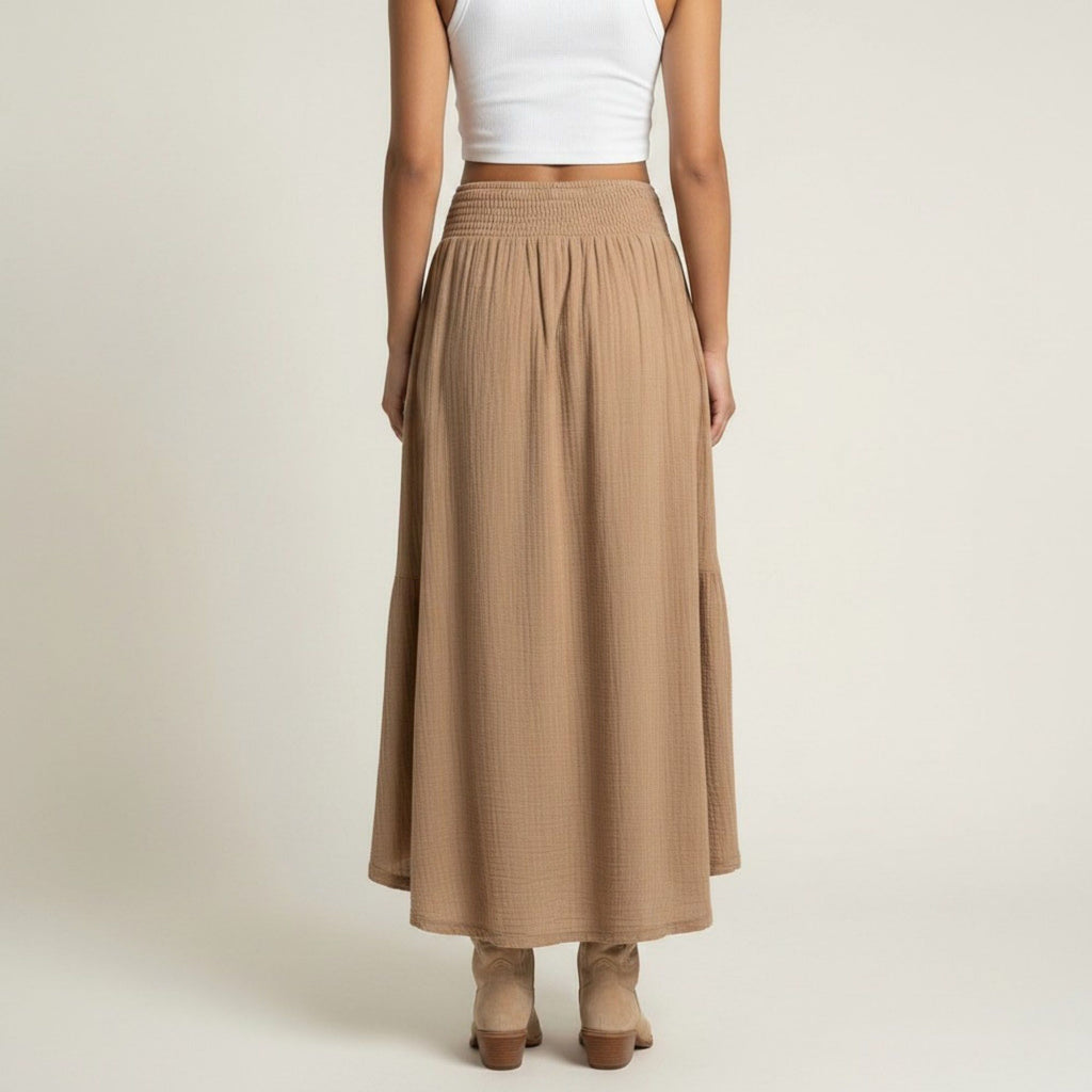 Anna-Kaci Women's High Low Maxi Skirt Smocked Waist Tassel Tie Flowy Tiered Boho Casual Skirt