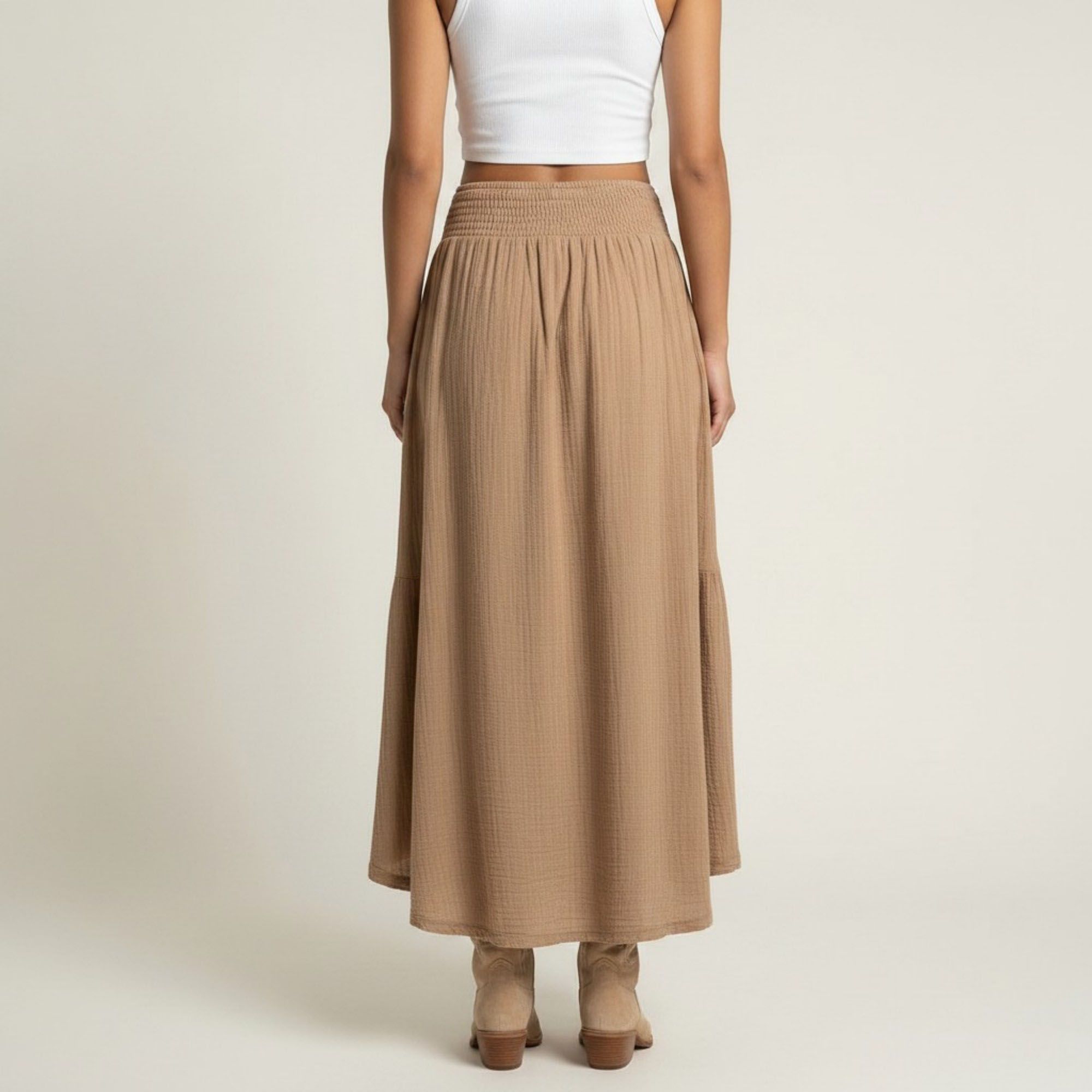 Anna-Kaci Women's High Low Maxi Skirt Smocked Waist Tassel Tie Flowy Tiered Boho Casual Skirt