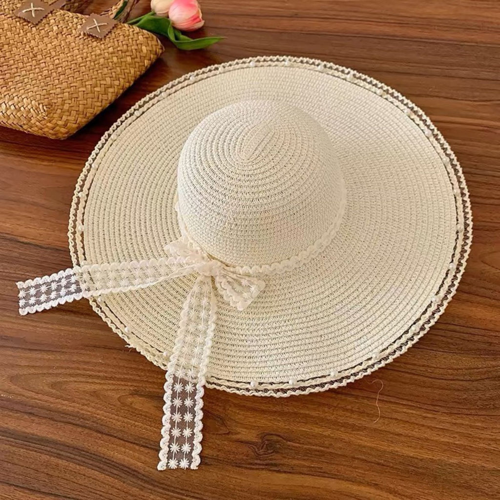 Wide Brim Sun Hat with Lace Bow and Pearl Trim