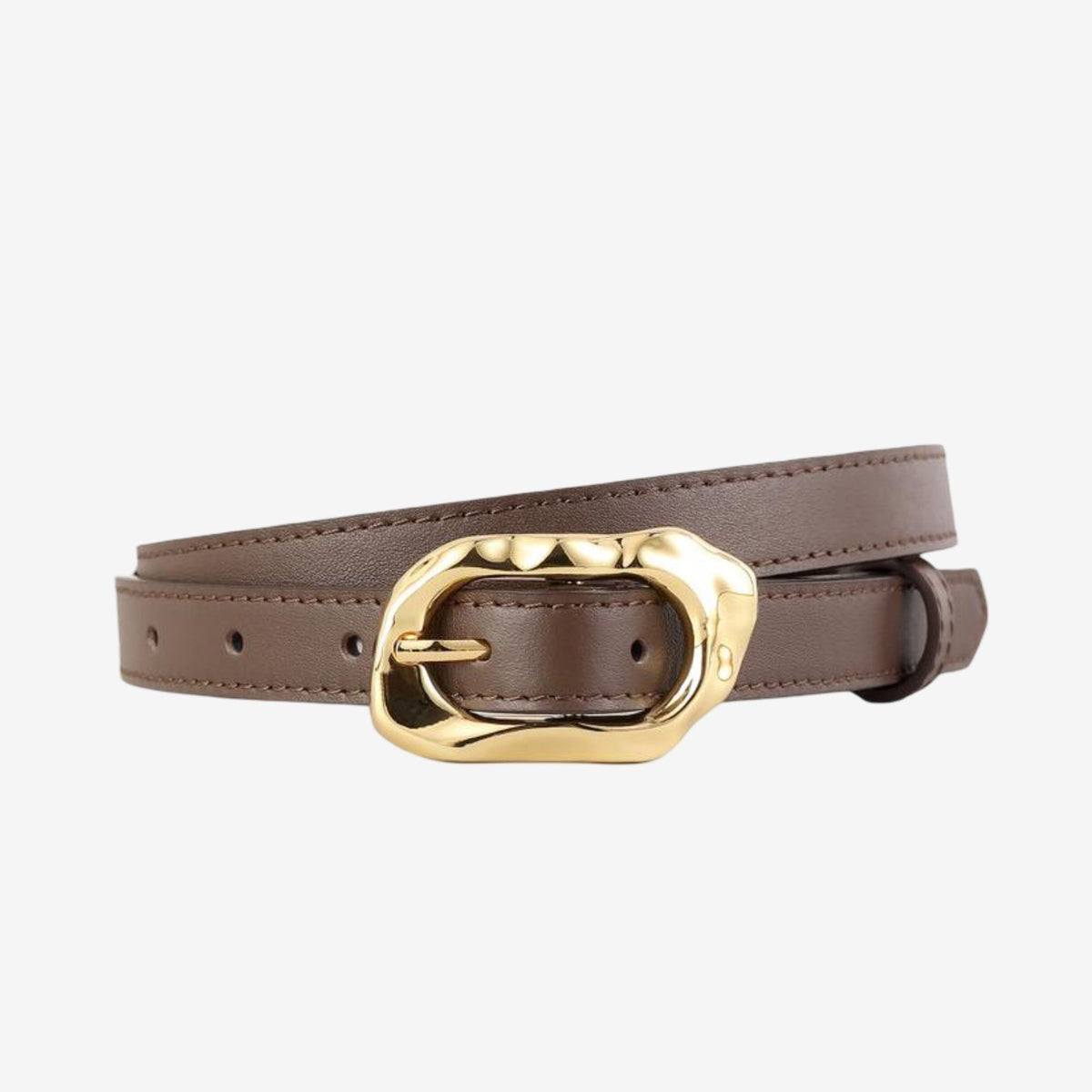 Genuine Leather Skinny Belt with Irregular Gold Tone Buckle 39.4in