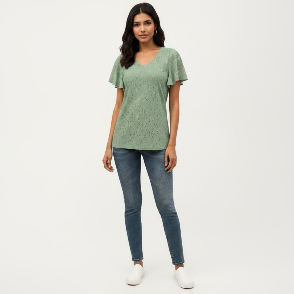 Anna-Kaci Women's Short Sleeve Eyelet V-Neck Top with Floral Embroidery and Flutter Sleeves