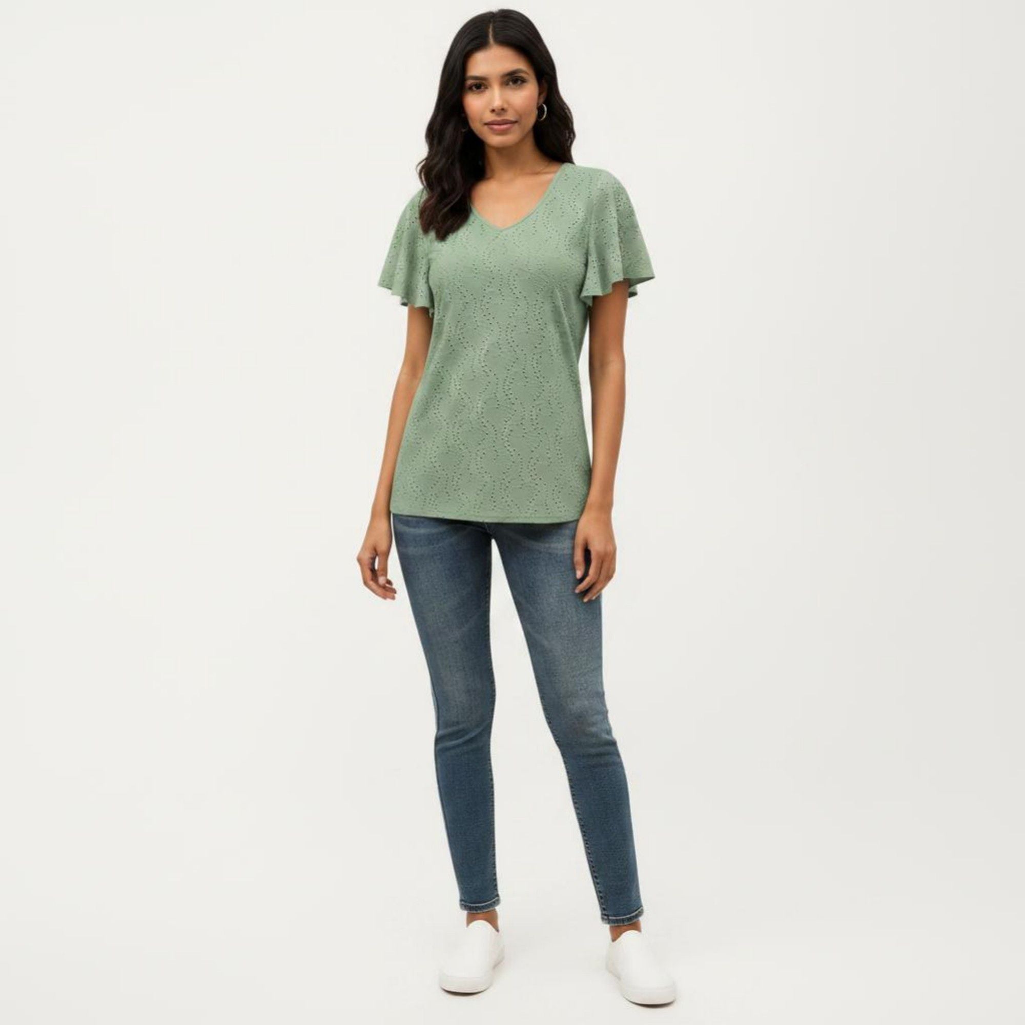 Anna-Kaci Women's Short Sleeve Eyelet V-Neck Top with Floral Embroidery and Flutter Sleeves