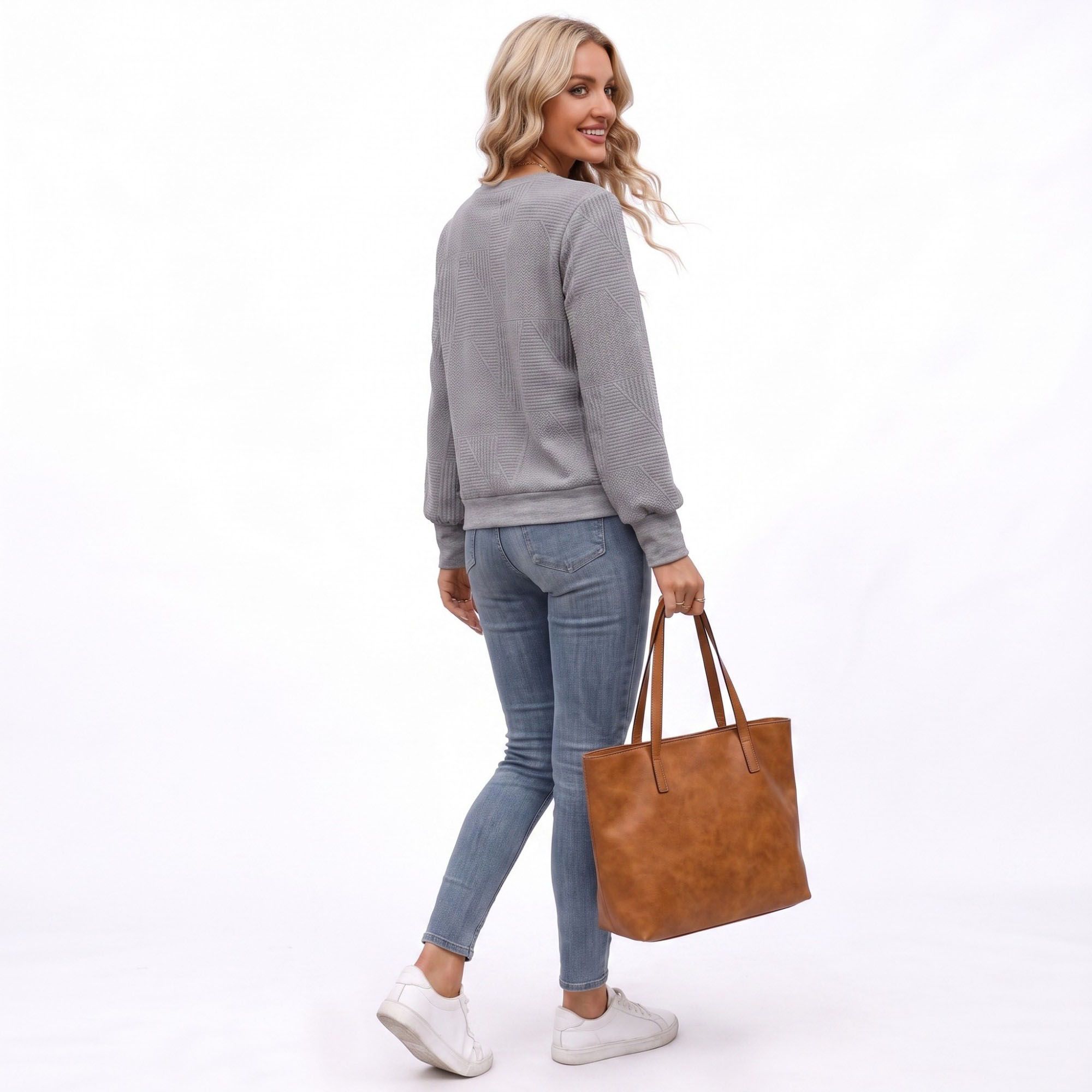 Textured Long Sleeve Crew Neck Pullover Top