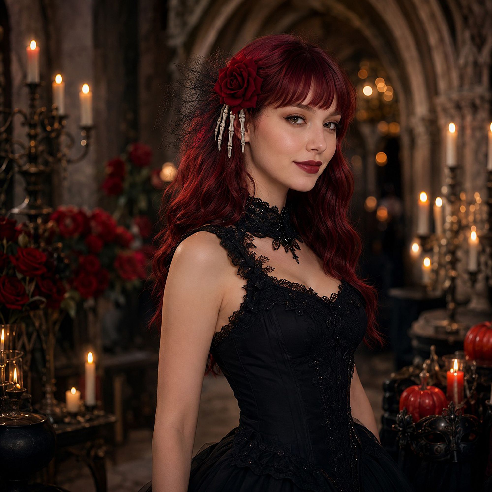 Skeleton Hand Pet Hair Clip with Red Rose and Black Lace