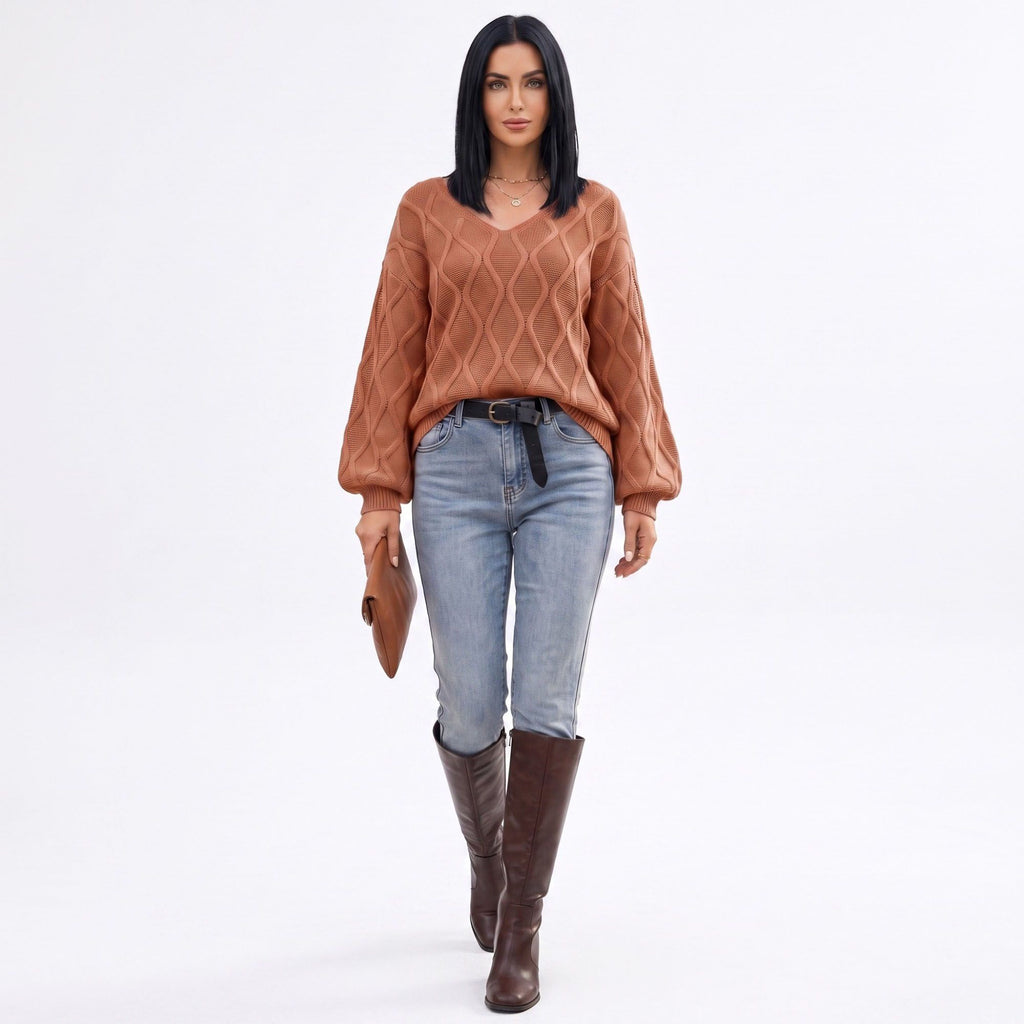 Cable Knit V-Neck Balloon Sleeve Sweater