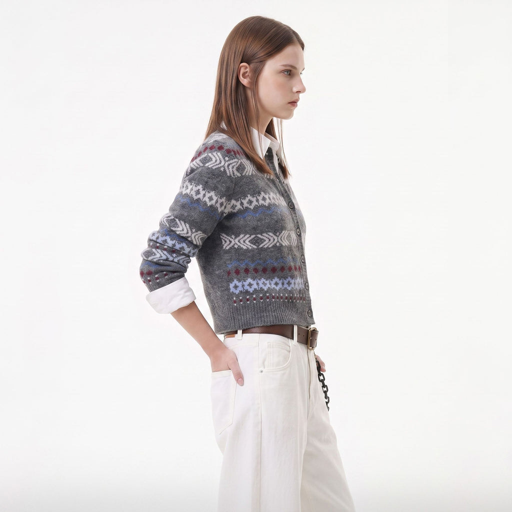 Geometric Pattern Button Front Knit Cardigan Sweater