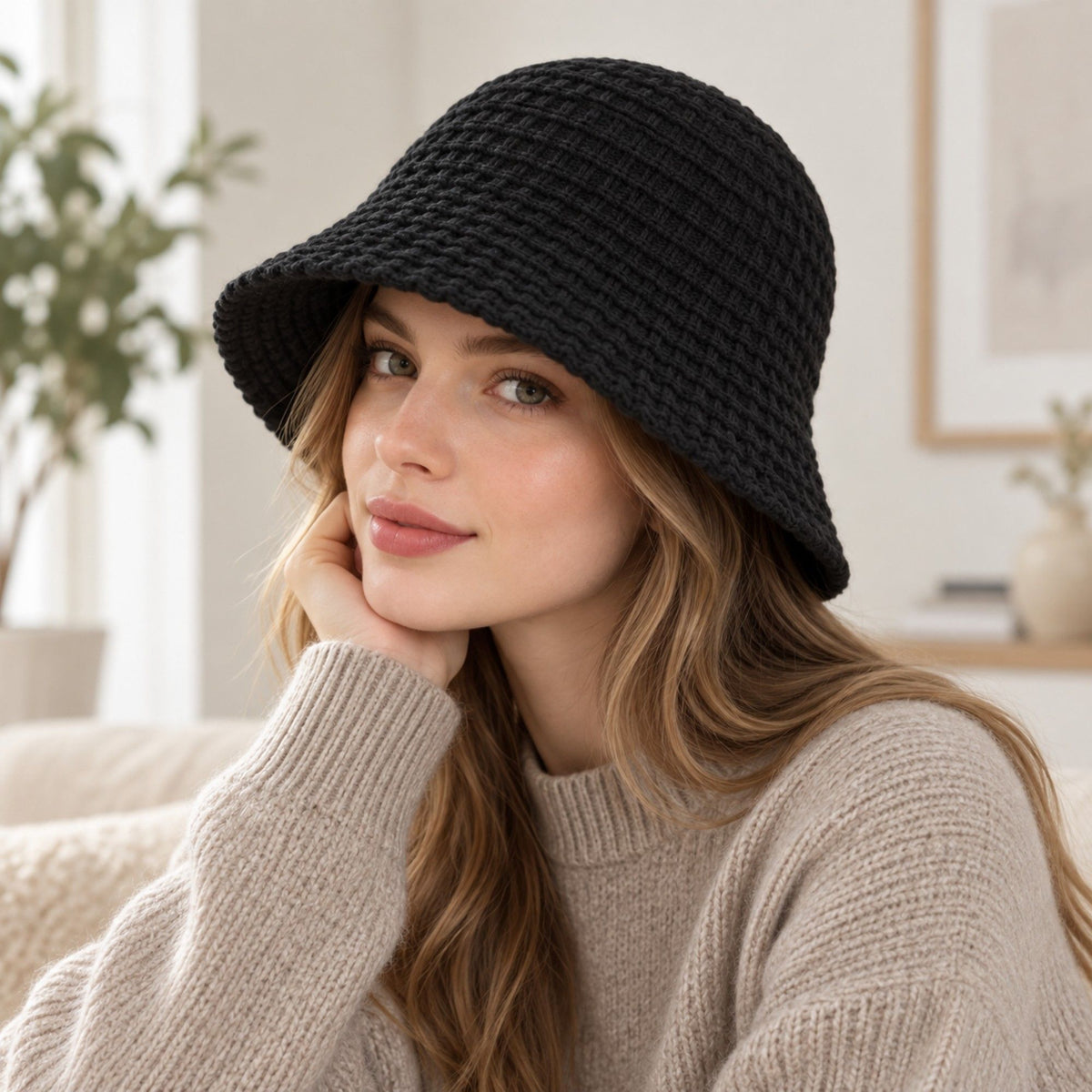 Waffle Knit Bucket Hat with Soft Textured Brim
