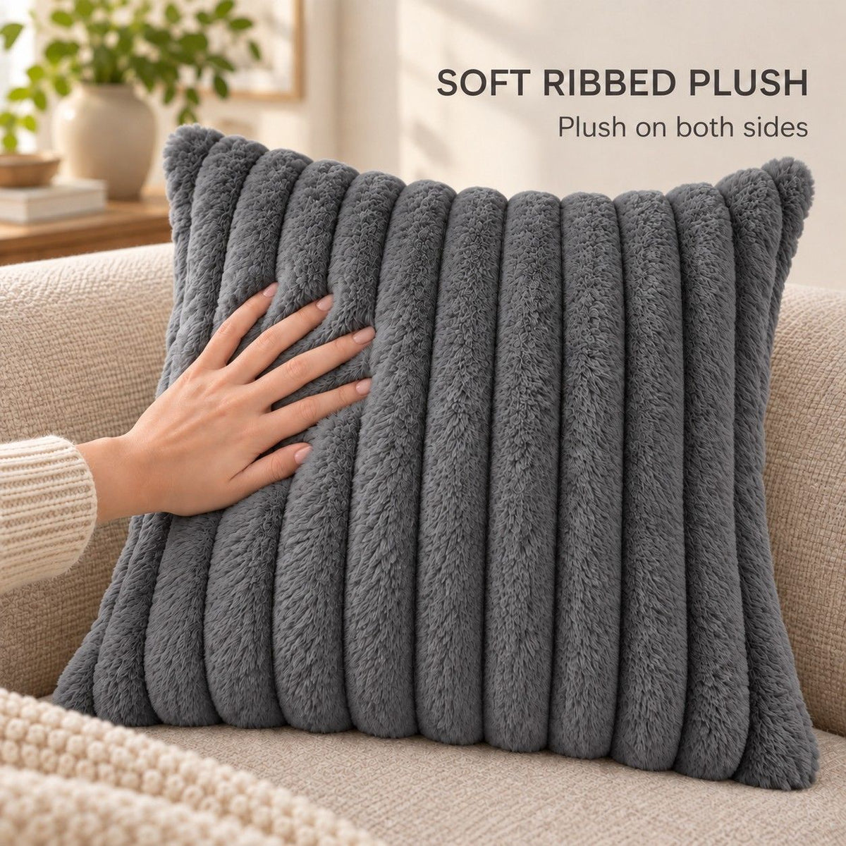 Double Sided Plush Corduroy Throw Pillow Cover 18 x 18 Inch Wide Stripe Texture