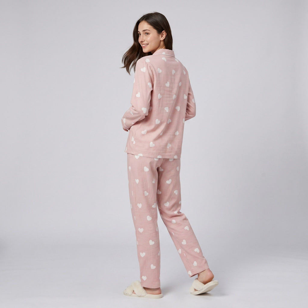 Anna-Kaci Lounge Women's 2-Piece Set Heart Print Button Front Pajama Top and Straight Leg Lounge Pants