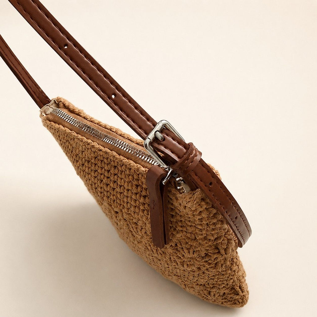 Crochet Crossbody Bag with Strawberry Charm, Adjustable Strap and Zip Closure