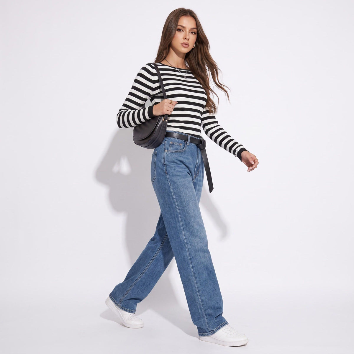 Striped Rib Knit Crewneck Long Sleeve Pullover Sweater