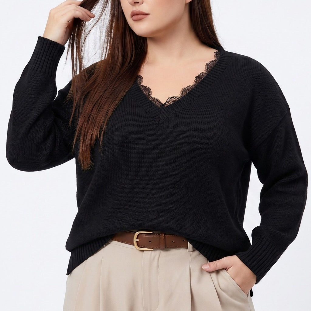 Plus Size Lace Trim V-Neck Relaxed Fit Sweater