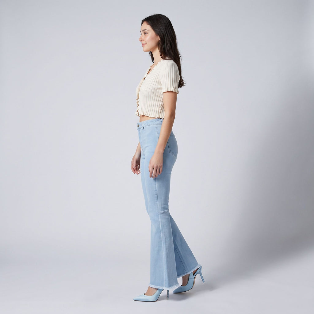 High Rise Flare Pants Button Front Stretch Wide Leg Hem Pants