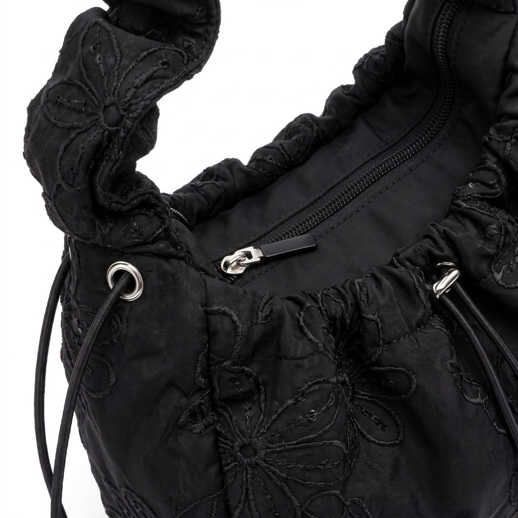 Floral Embroidered Ruched Shoulder Bag with Drawstring Closure 11x8.3x3in