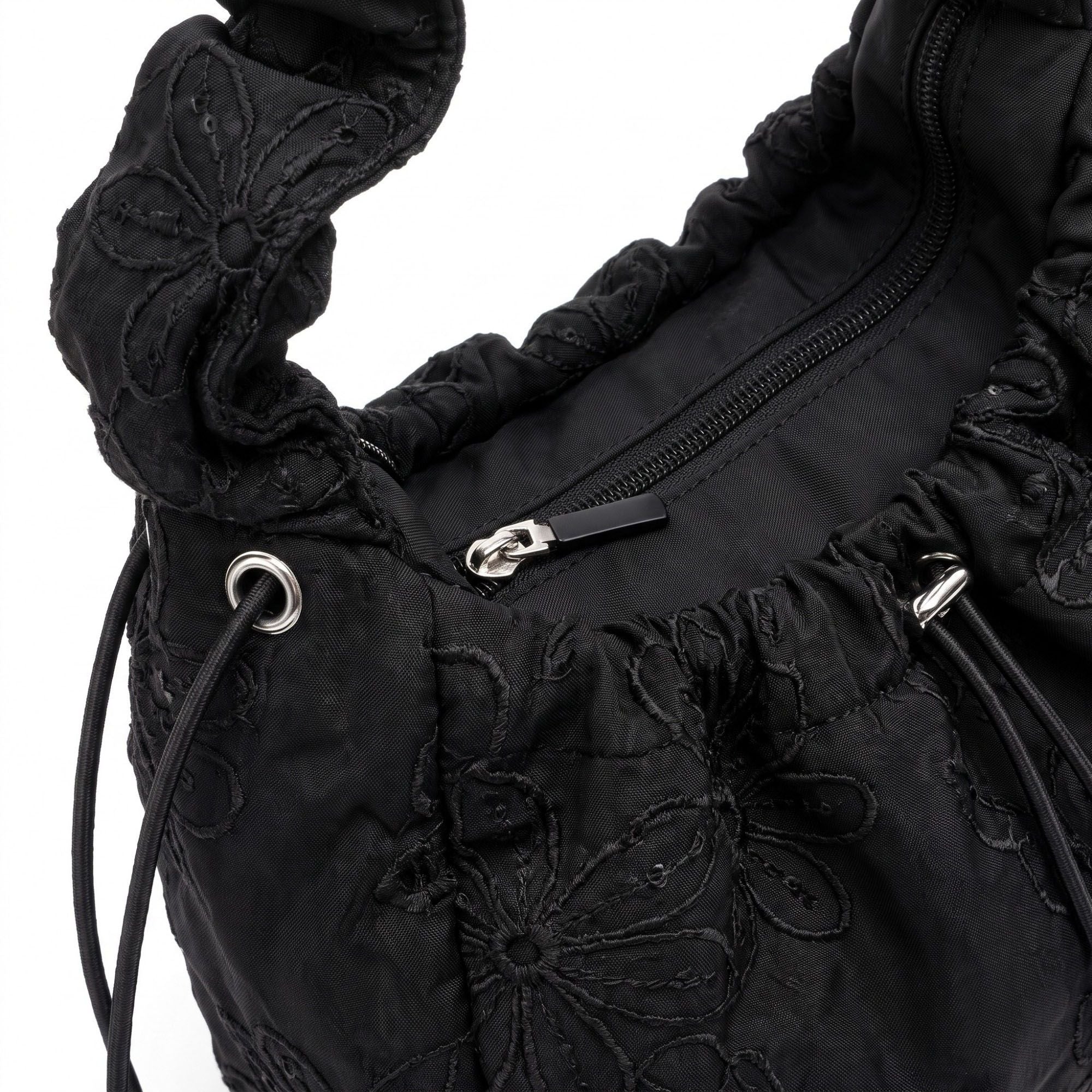 Floral Embroidered Ruched Shoulder Bag with Drawstring Closure 11x8.3x3in