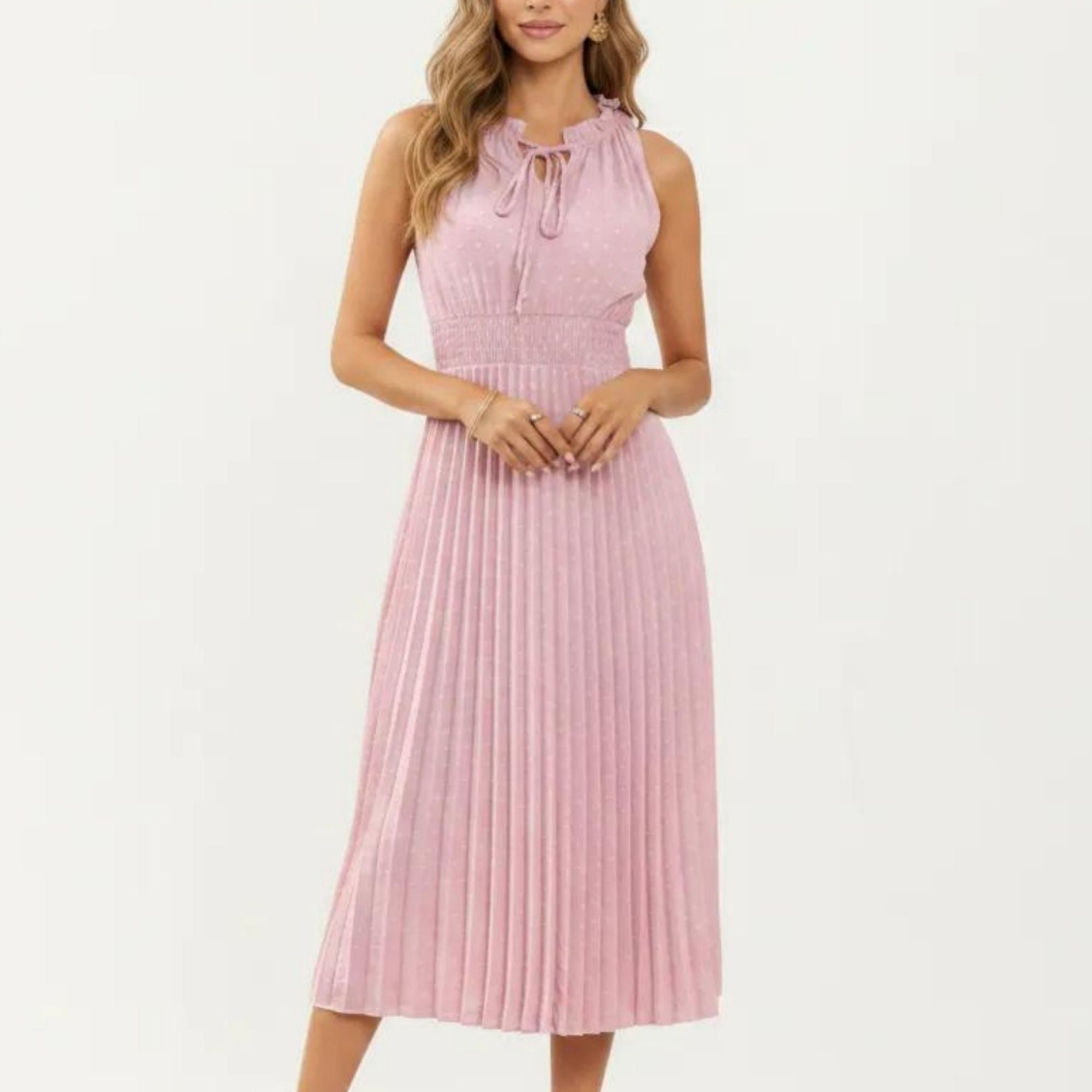 Anna-Kaci Women's Sleeveless Midi Dress with Pleated Skirt and Tie Neck Detail