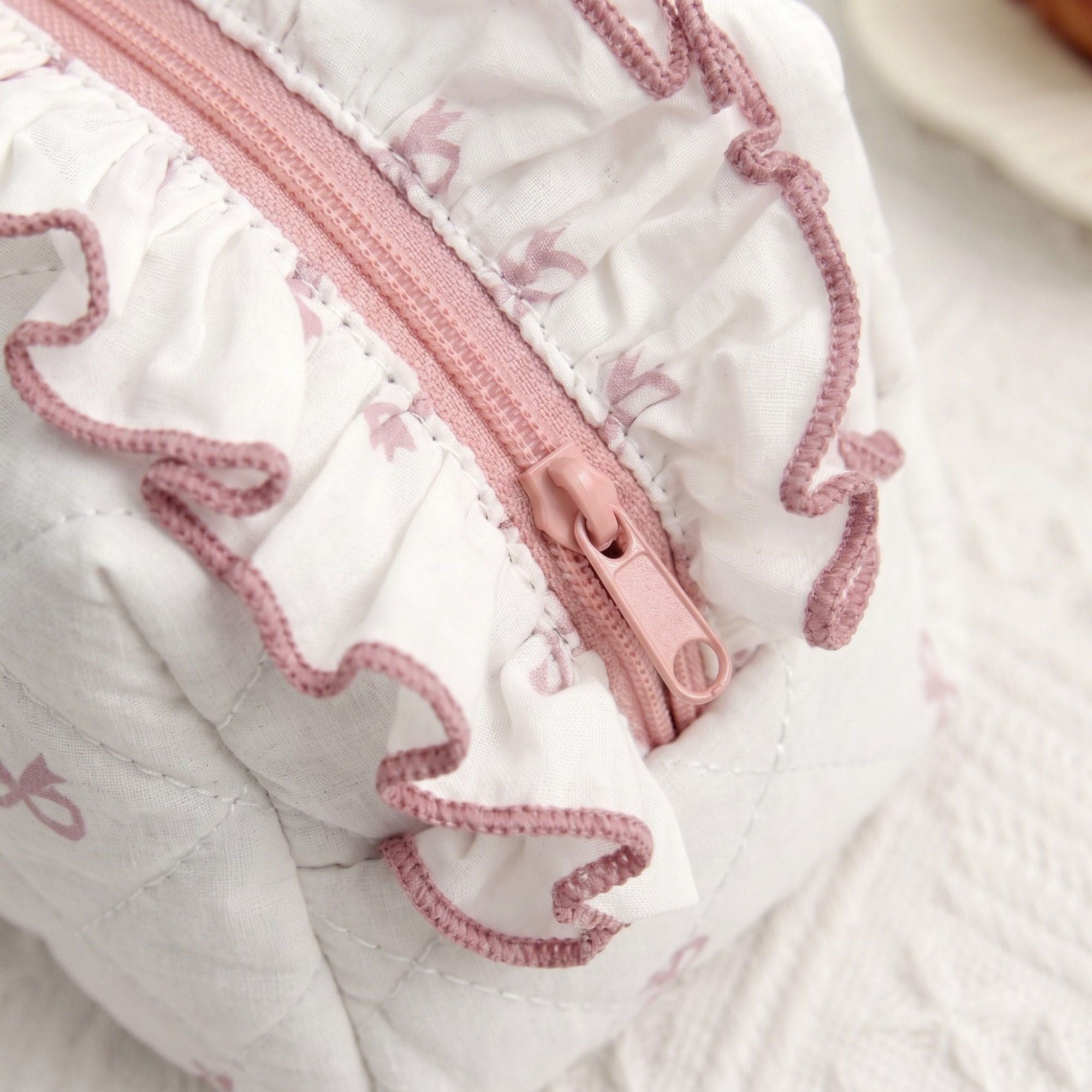Womens Quilted Bow Print Cosmetic Bag with Ruffle Trim