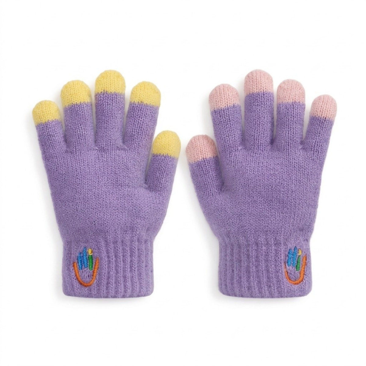 Kids Knit Gloves with Contrast Fingertips and Embroidered Detail 5.3 x 2.5in