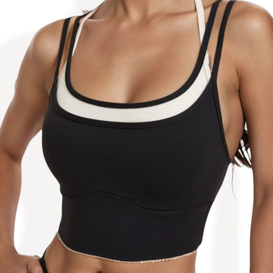 Double Layered Scoop Neck Sports Bra with Contrast Trim