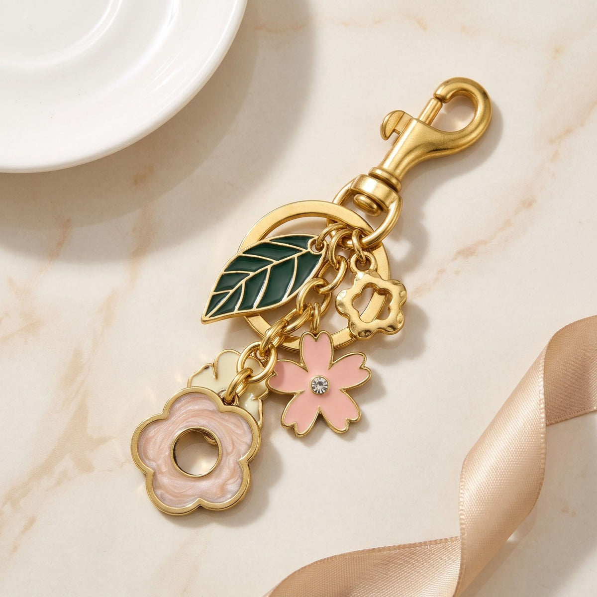 Floral Bag Charm Keychain with Leaf and Flower Pendants
