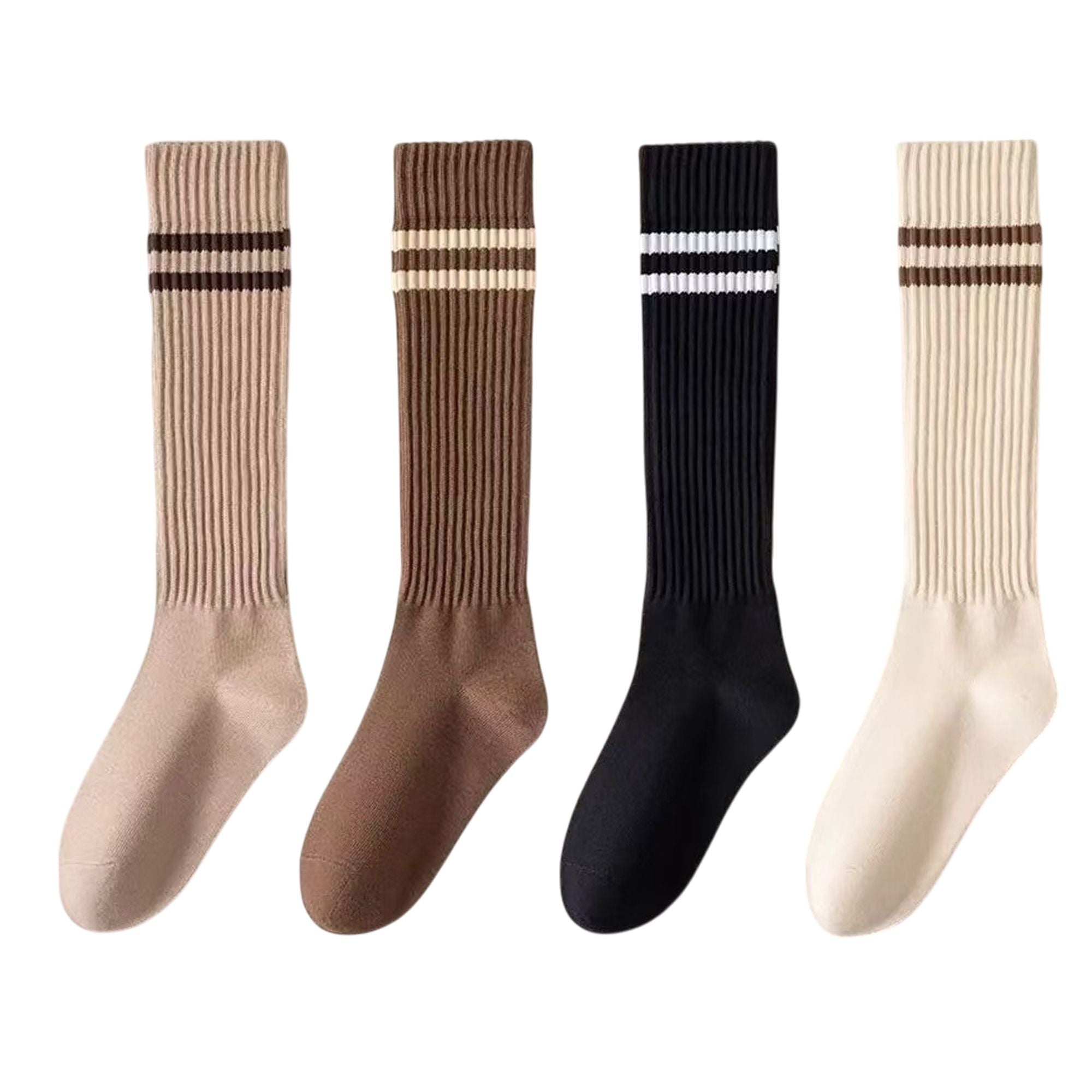 Anna-Kaci Women's 4-Pair Set Ribbed Knee-High Socks with Striped Detail Slim Fit Stretch Design for Casual Outfits
