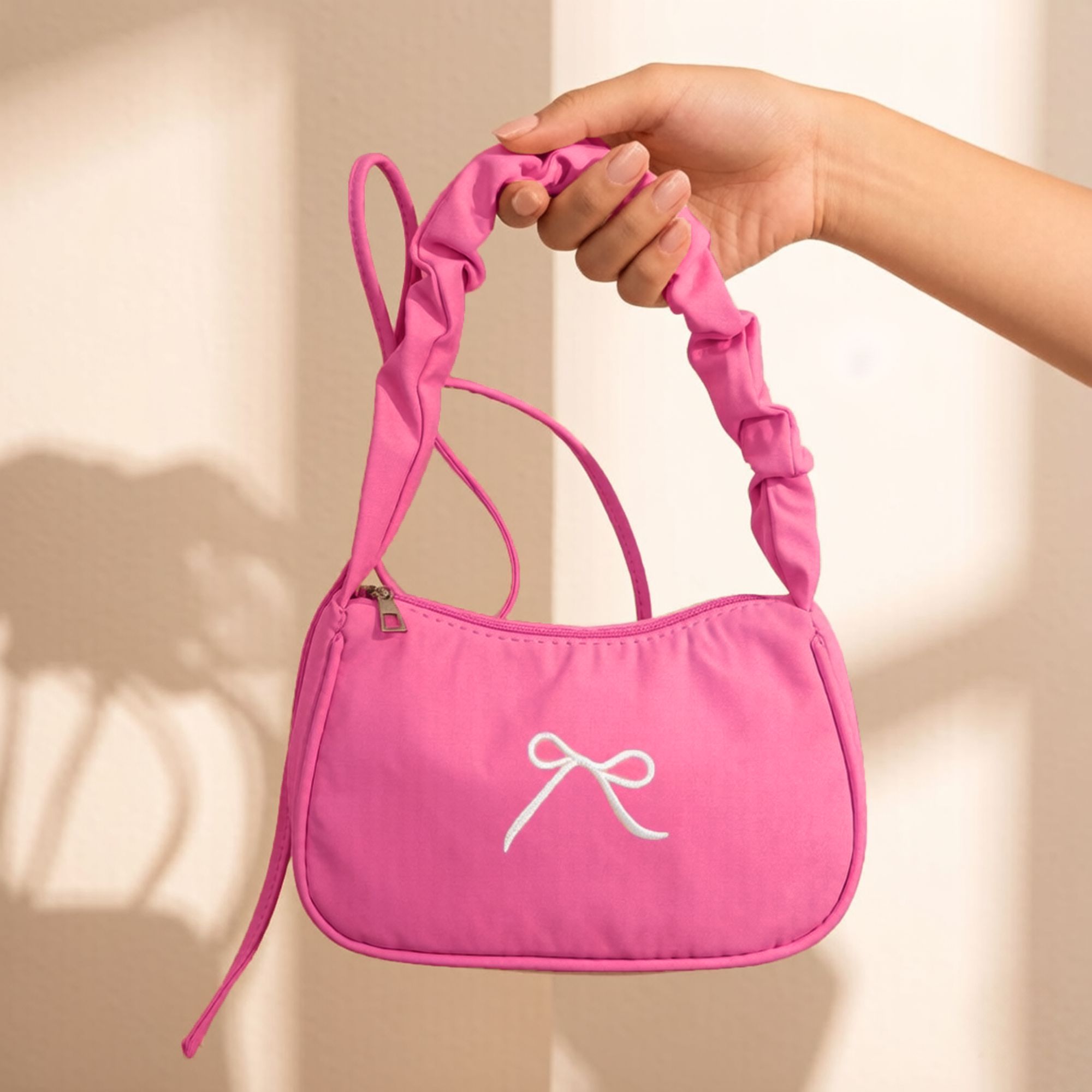 Small Bow Embroidered Shoulder Bag with Ruched Strap and Zip Closure