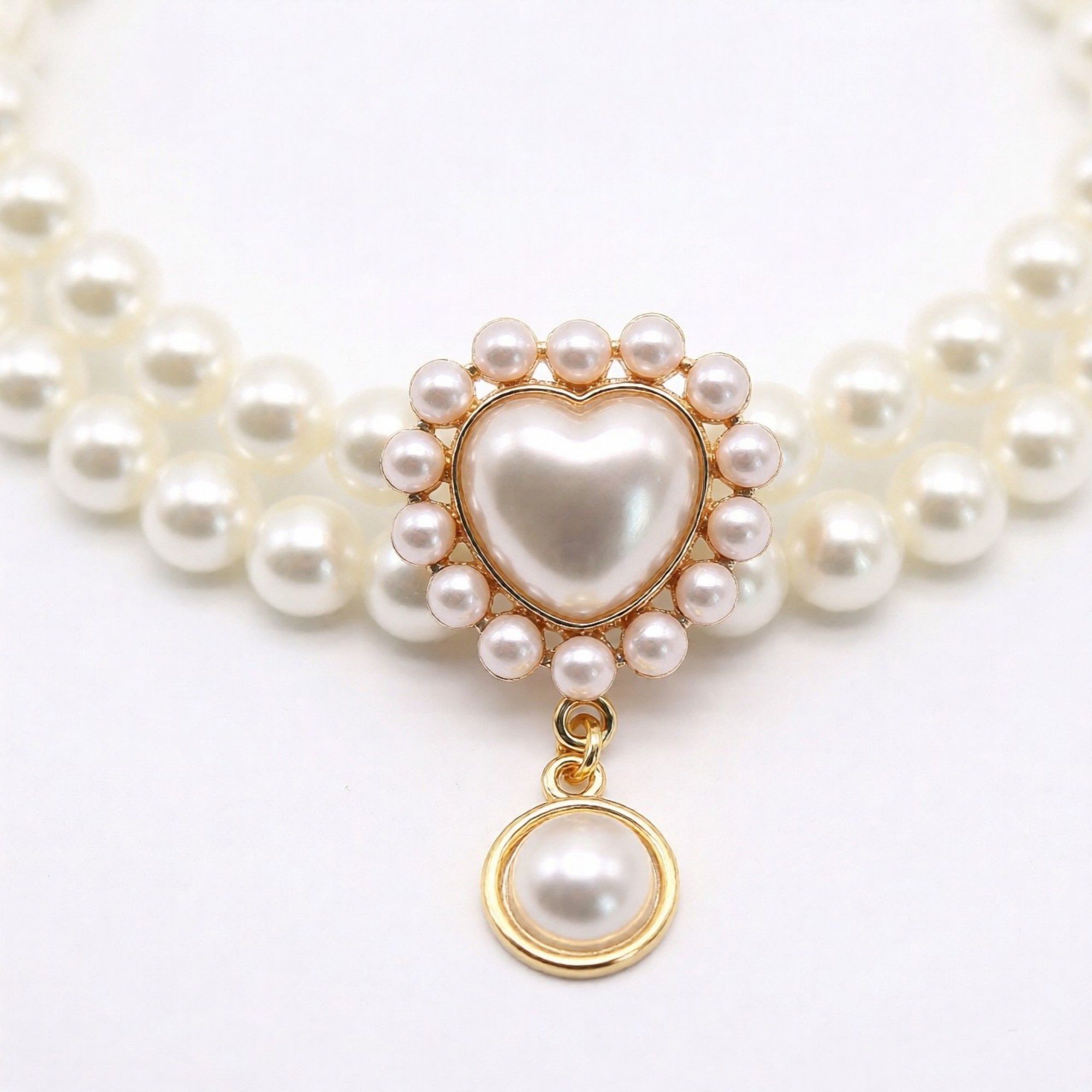 Double Strand Faux Pearl Pet Necklace Heart Gem Pendant Adjustable Collar Jewelry for Cats and Small Dogs